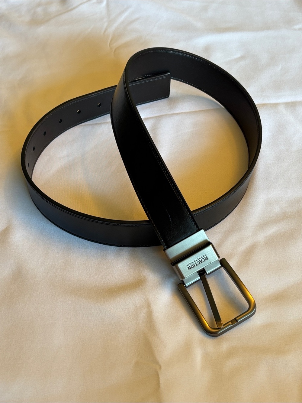 Reaction Kenneth Cole Black Leather Belt with Brushed Silver Buckle